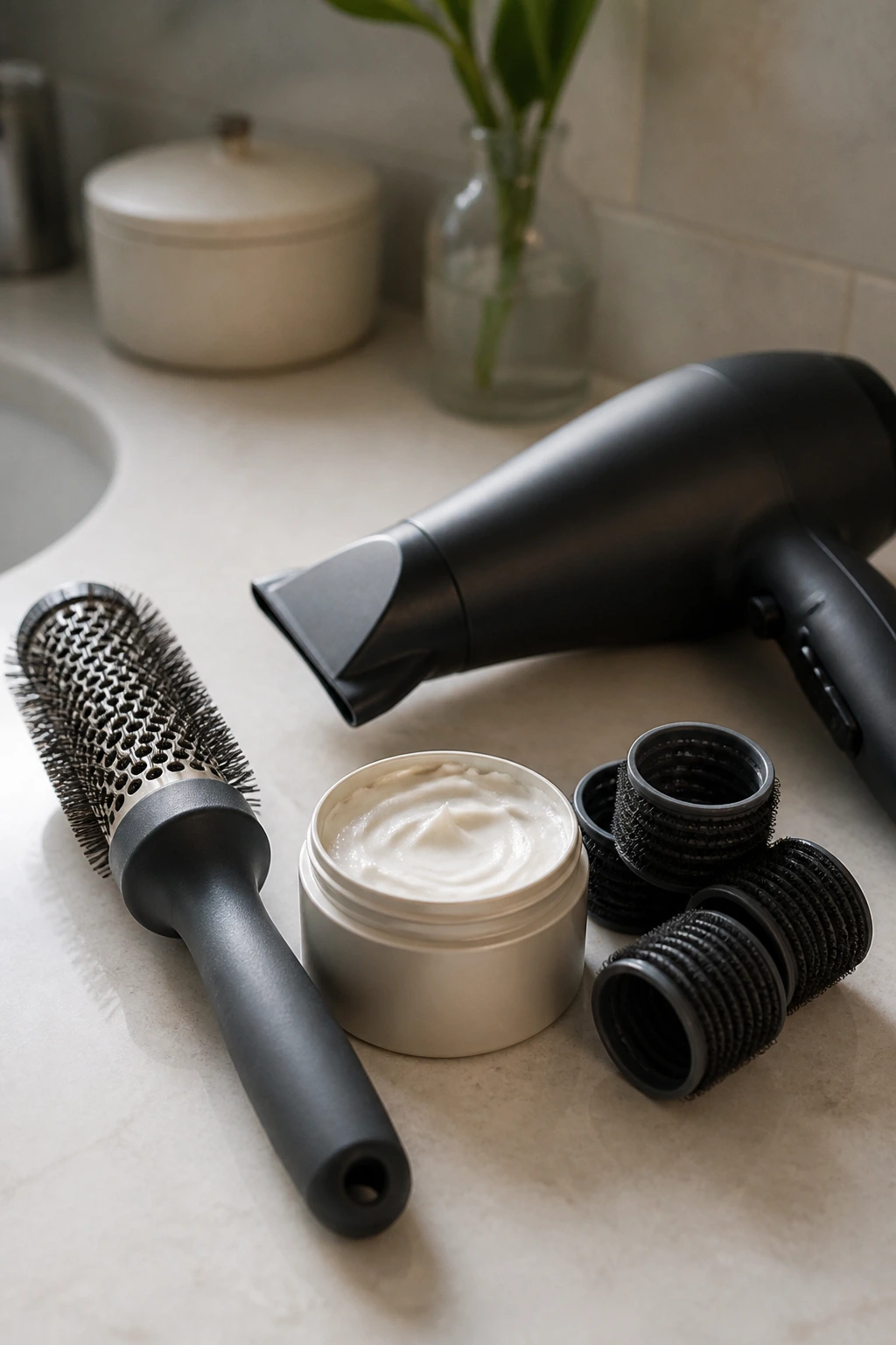 Tools for shaping hair placed neatly on a vanity top