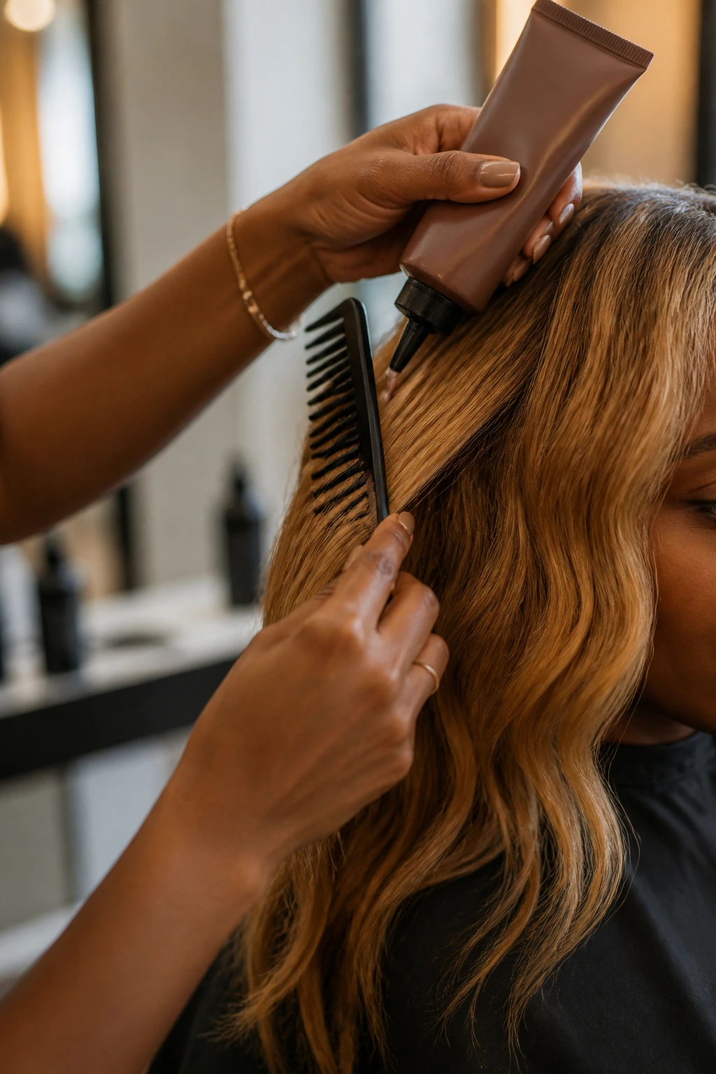 Hands with essential honey-blonde styling tools in use at a salon
