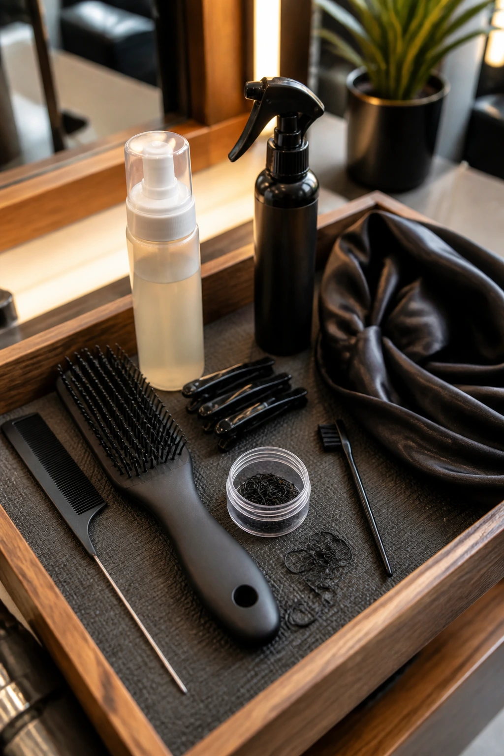 Close-up of essential hair tools arranged for Dutch braids on a wooden salon tray