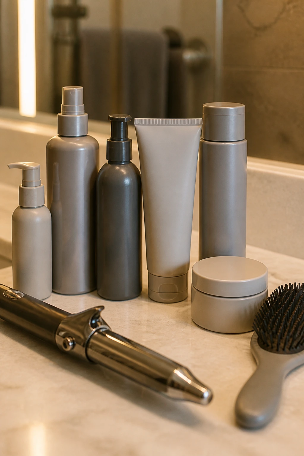 Close-up of hair color tools and products arranged on a counter with no visible labels