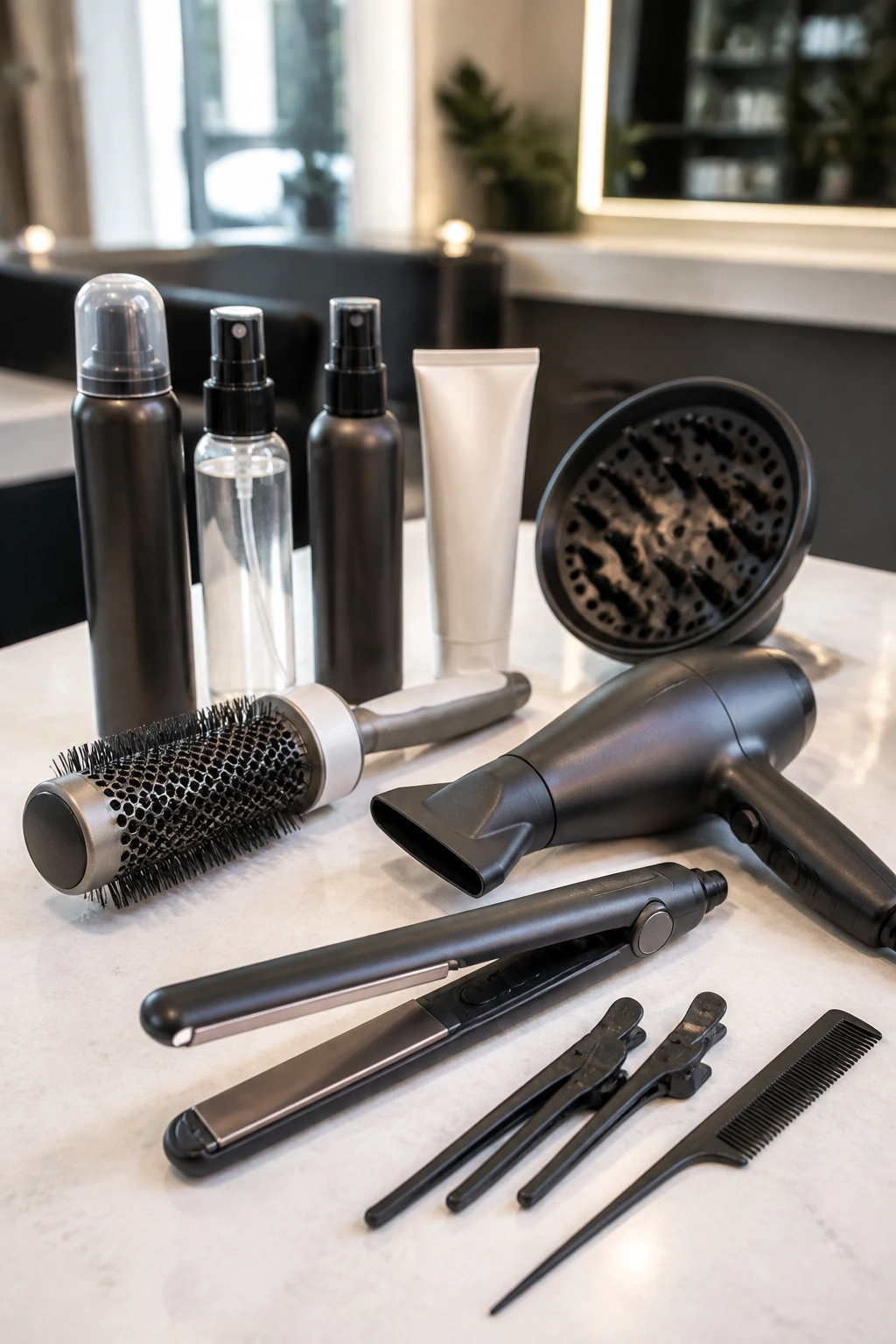 Close-up still life of hair styling tools for layered bob on a clean counter.
