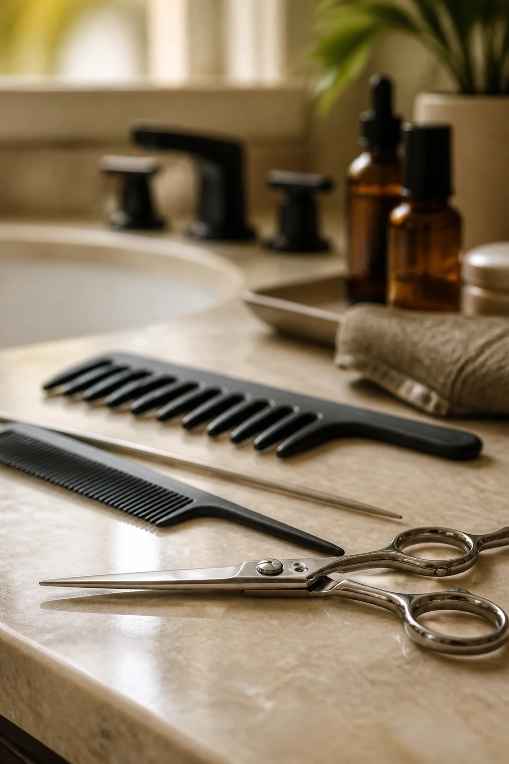 Close-up of essential hair tools for layered cuts on a vanity