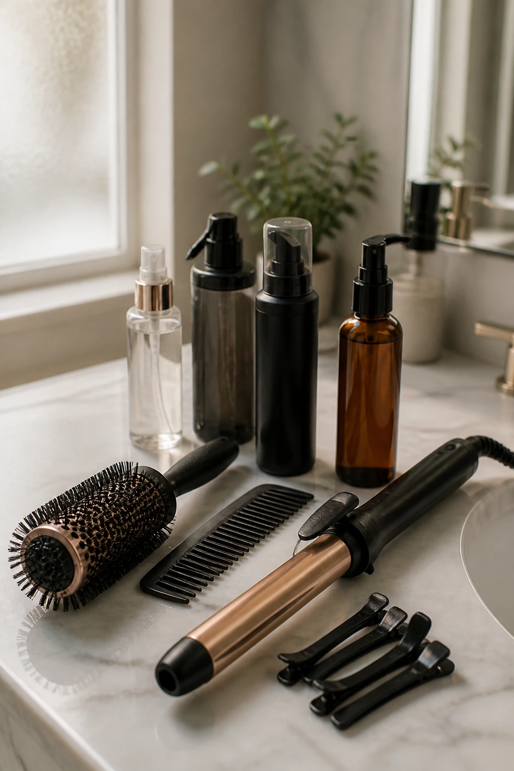Close-up of hair tools on a bathroom counter including curling wand, brush, comb and clips.