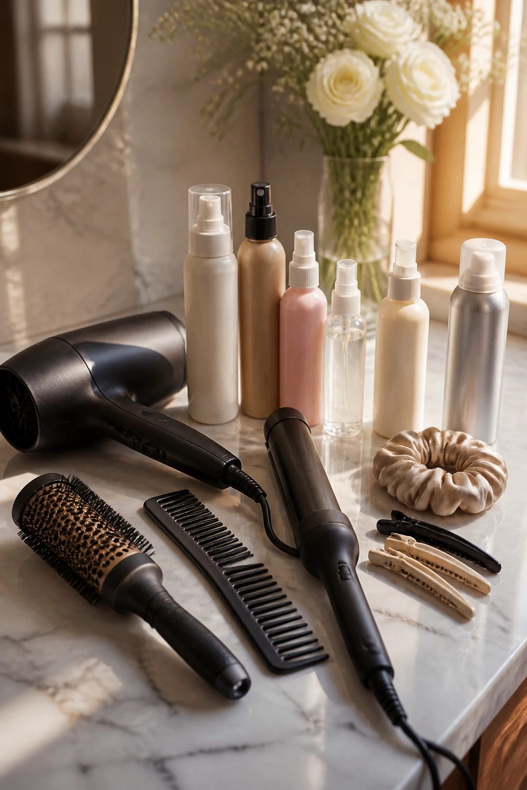 Close-up lineup of hair tools and products on a marble vanity