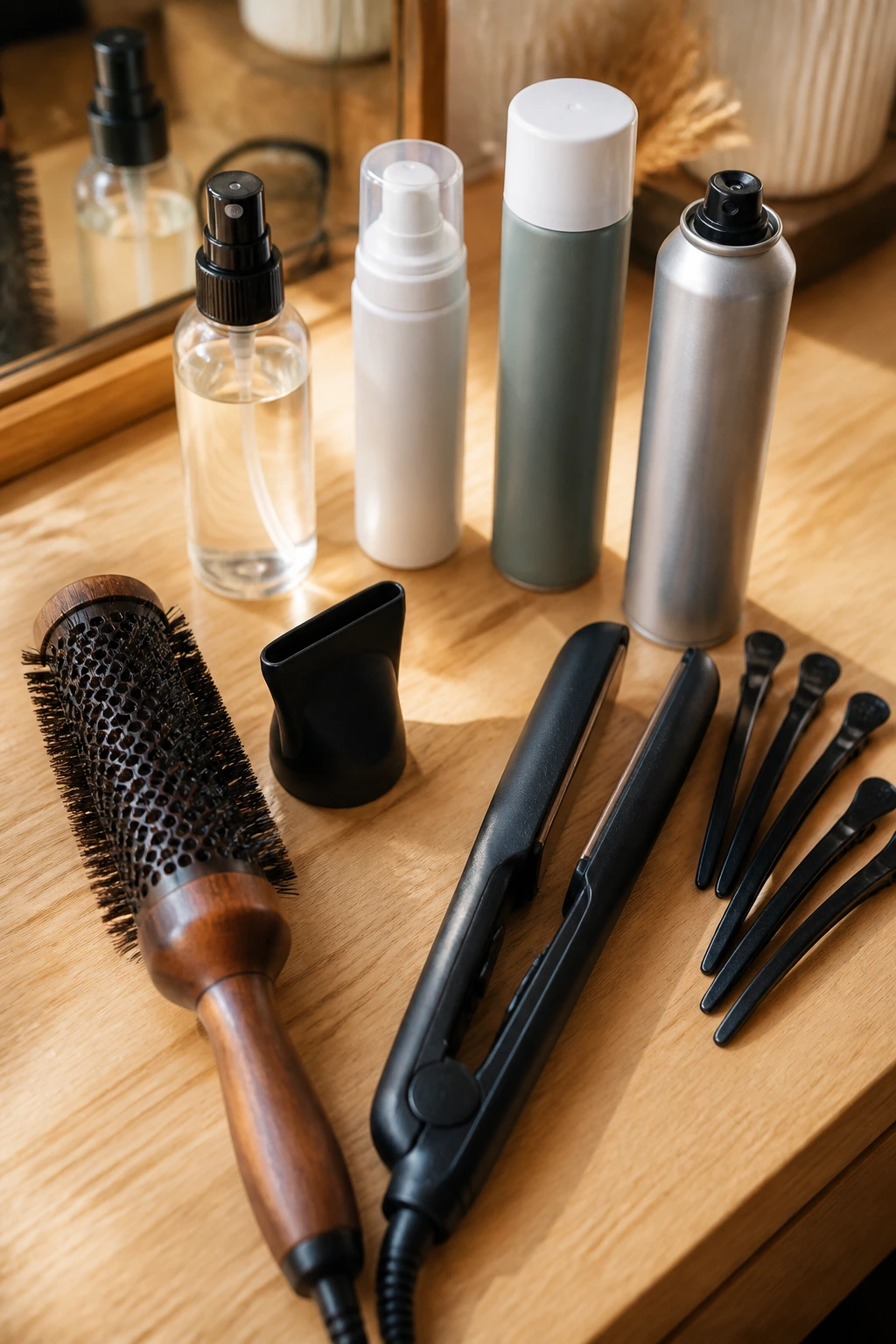 Close-up of essential hair tools and products laid out on a salon vanity