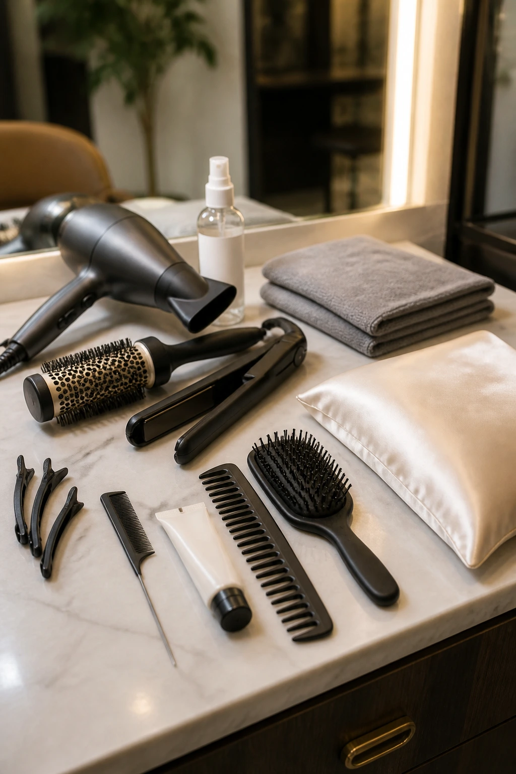 Close-up of hair styling tools on a salon counter showing essential equipment for lob cuts