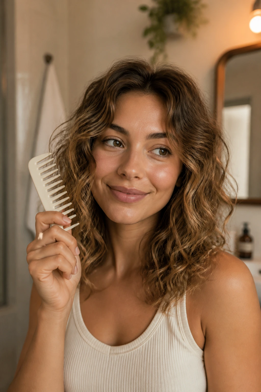 Portrait of a person with wavy hair holding a wide-tooth comb in a bathroom