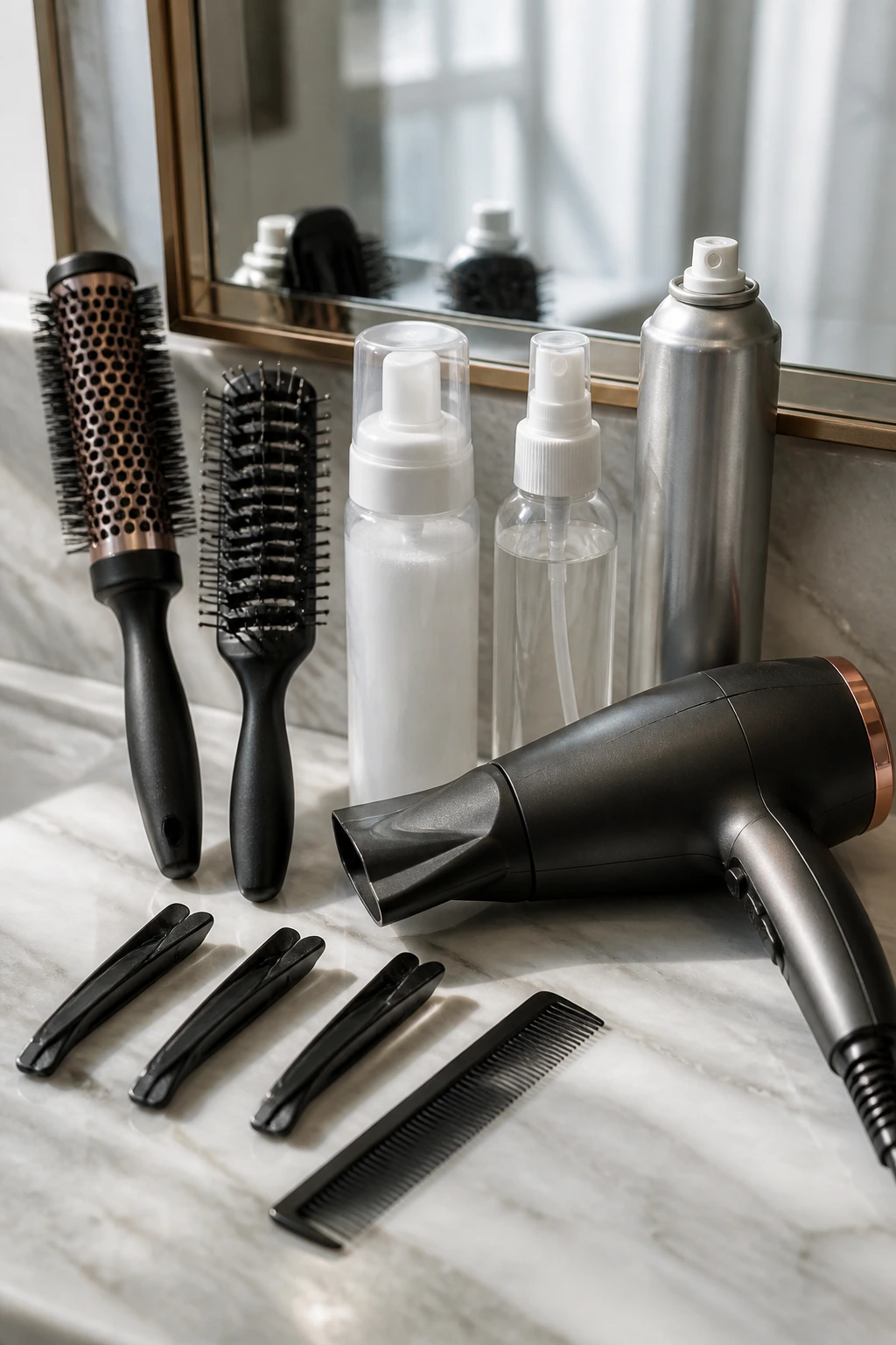 Close-up of hair styling tools arranged on a bathroom counter near a mirror for fringe styling