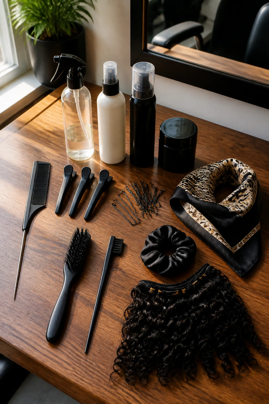 Top-down flat lay of essential hair braiding tools.