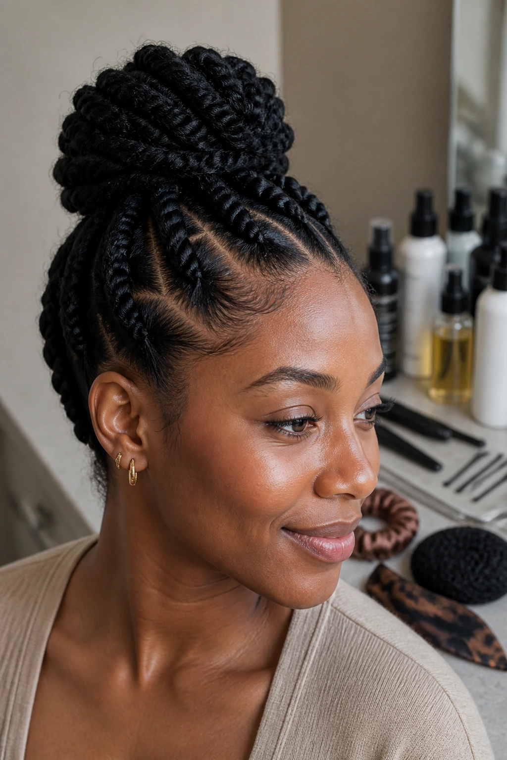 Close-up of real woman with bun twists and subtle background tools