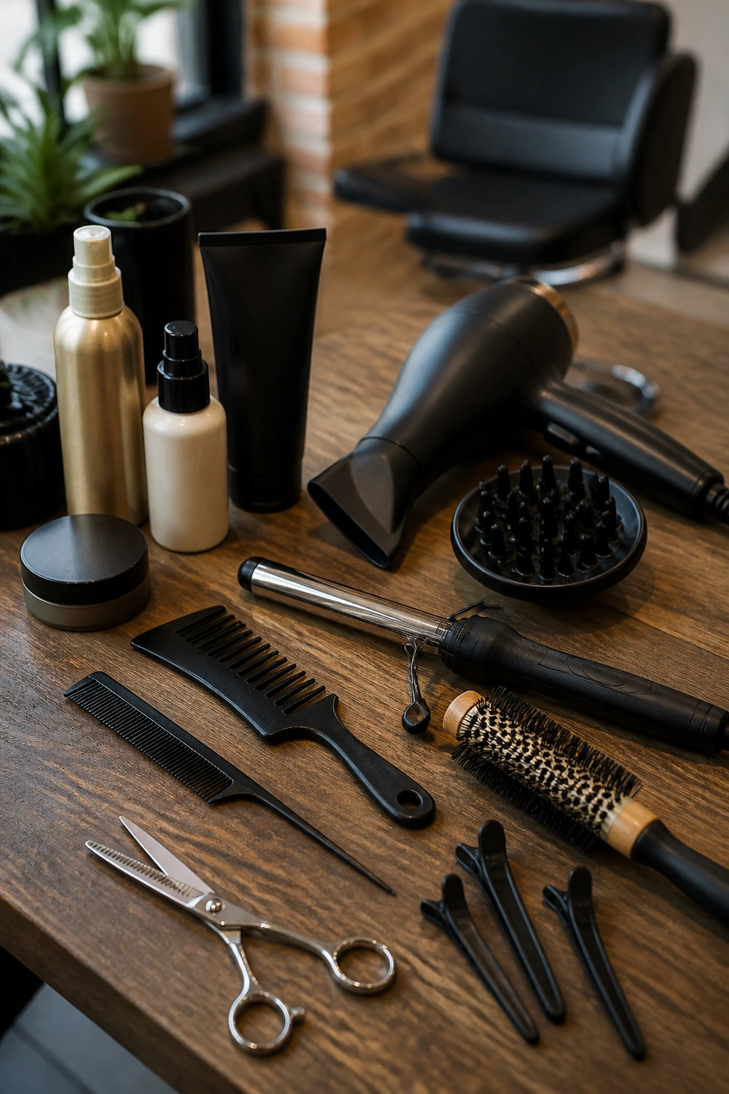 Top-down still life of essential hair tools arranged on a wooden surface