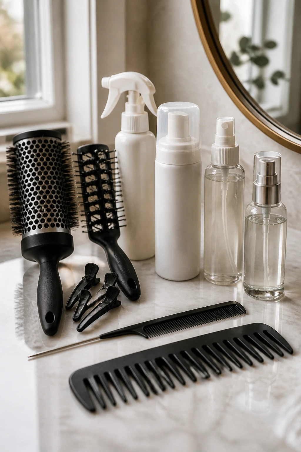 Close-up view of hair tools and products