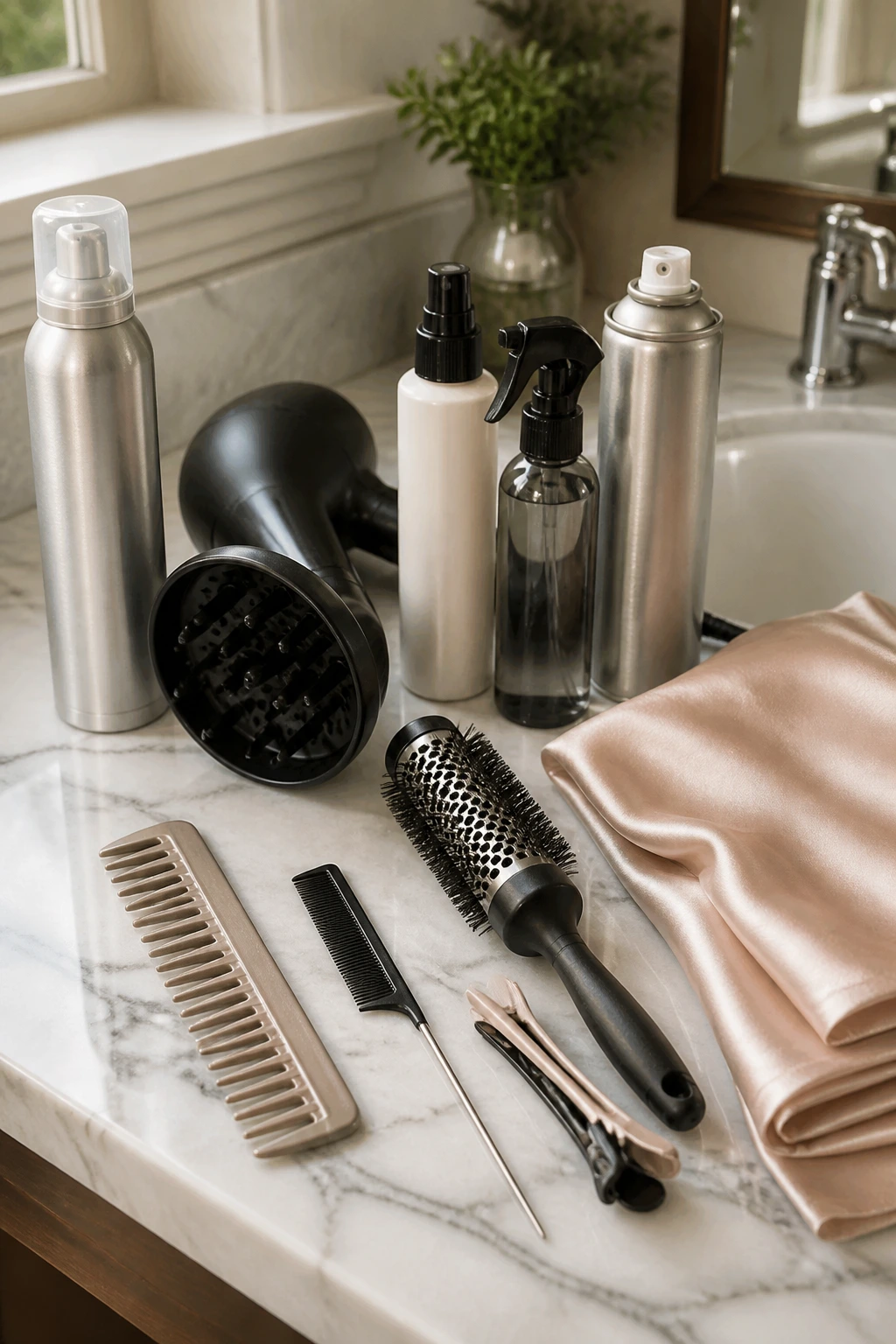 Flat-close view of assorted hair tools and products on a bathroom counter