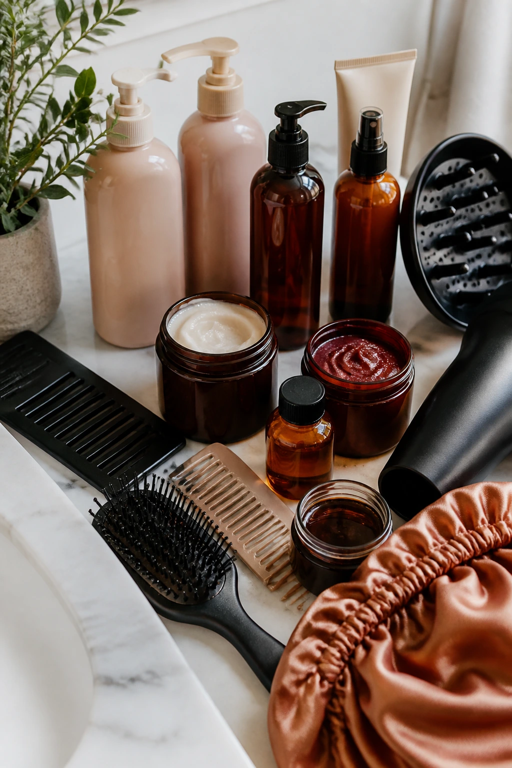Close-up still life of essential auburn-care tools and products on a bathroom counter.