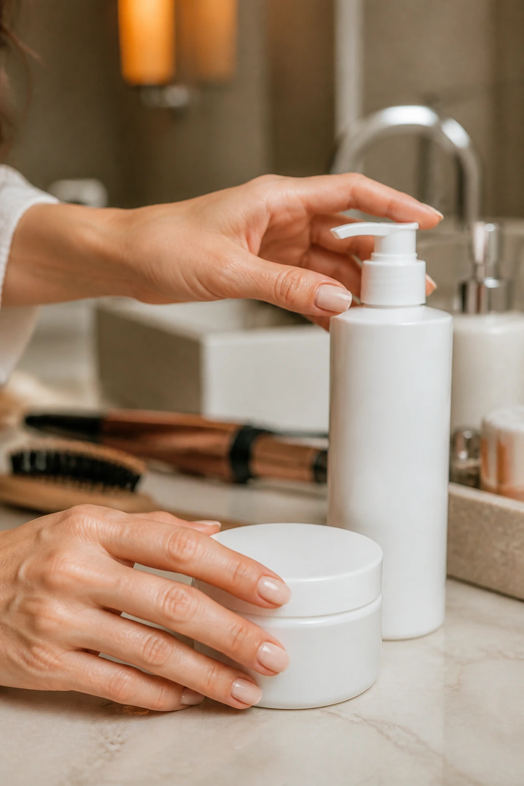 Hand holding plain white bottle and jar on a vanity, tools for hair color care.