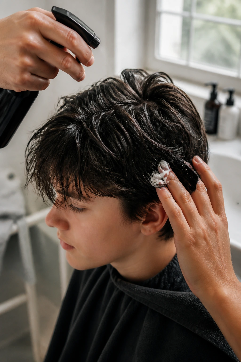 Close-up of a real boy's thick hair being dampened with a spray bottle and styled with product.