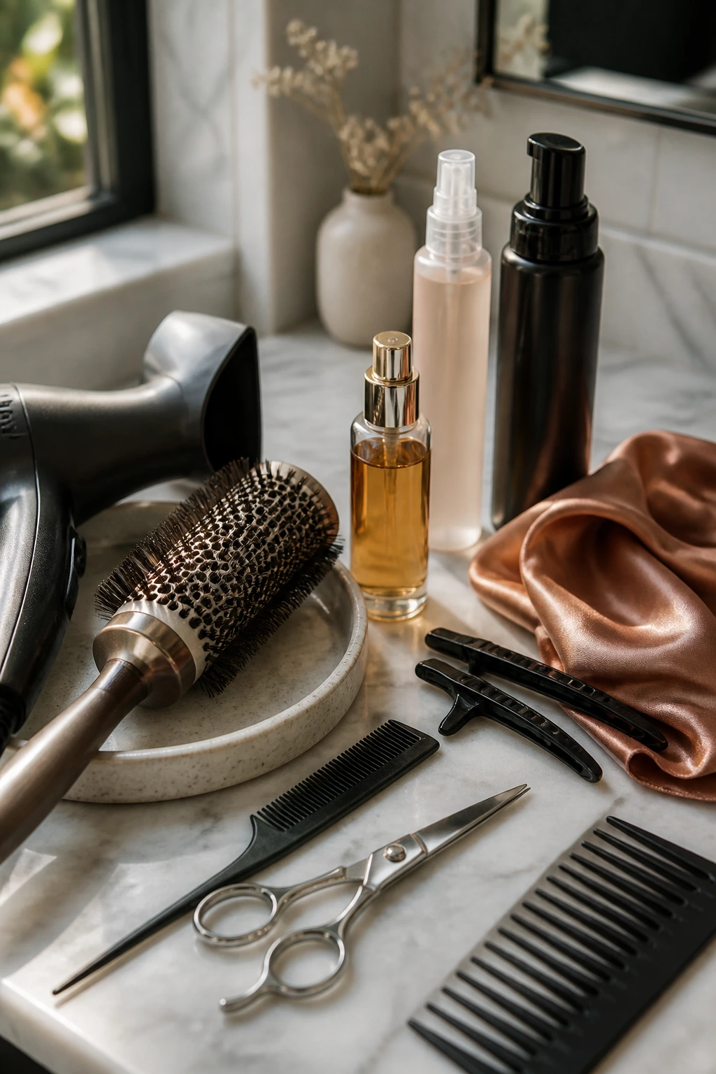 Close-up of essential tools and products for easy-to-wear bobs