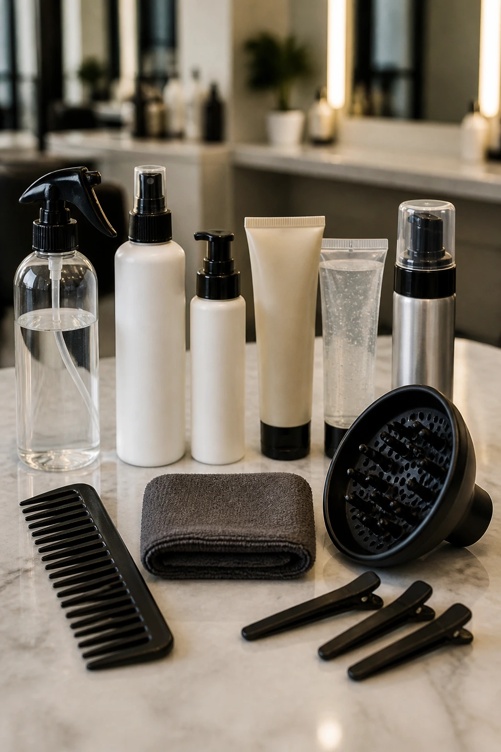 Curated lineup of hair tools and products on a salon counter