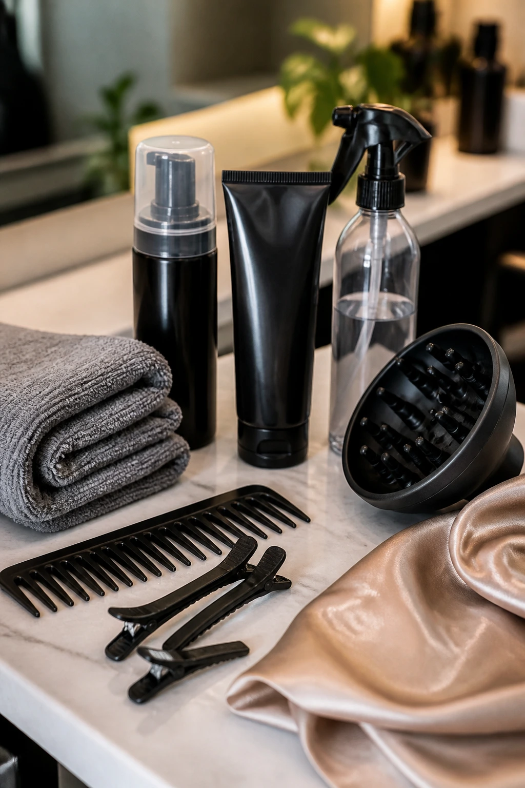 Still-life of essential hair tools and products for these cuts