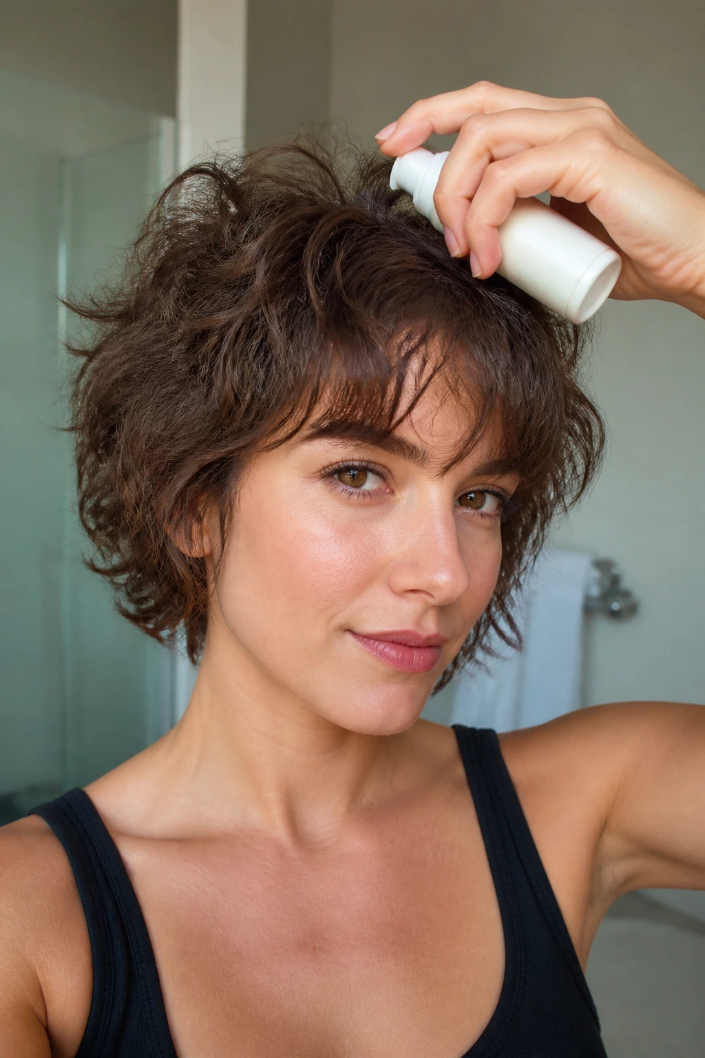 Portrait of a person with short wavy hair holding styling products
