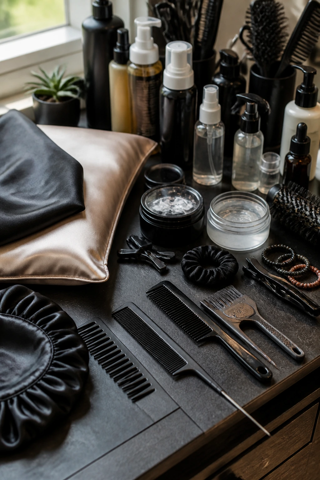 Close-up still life of hair tools and products on a salon station