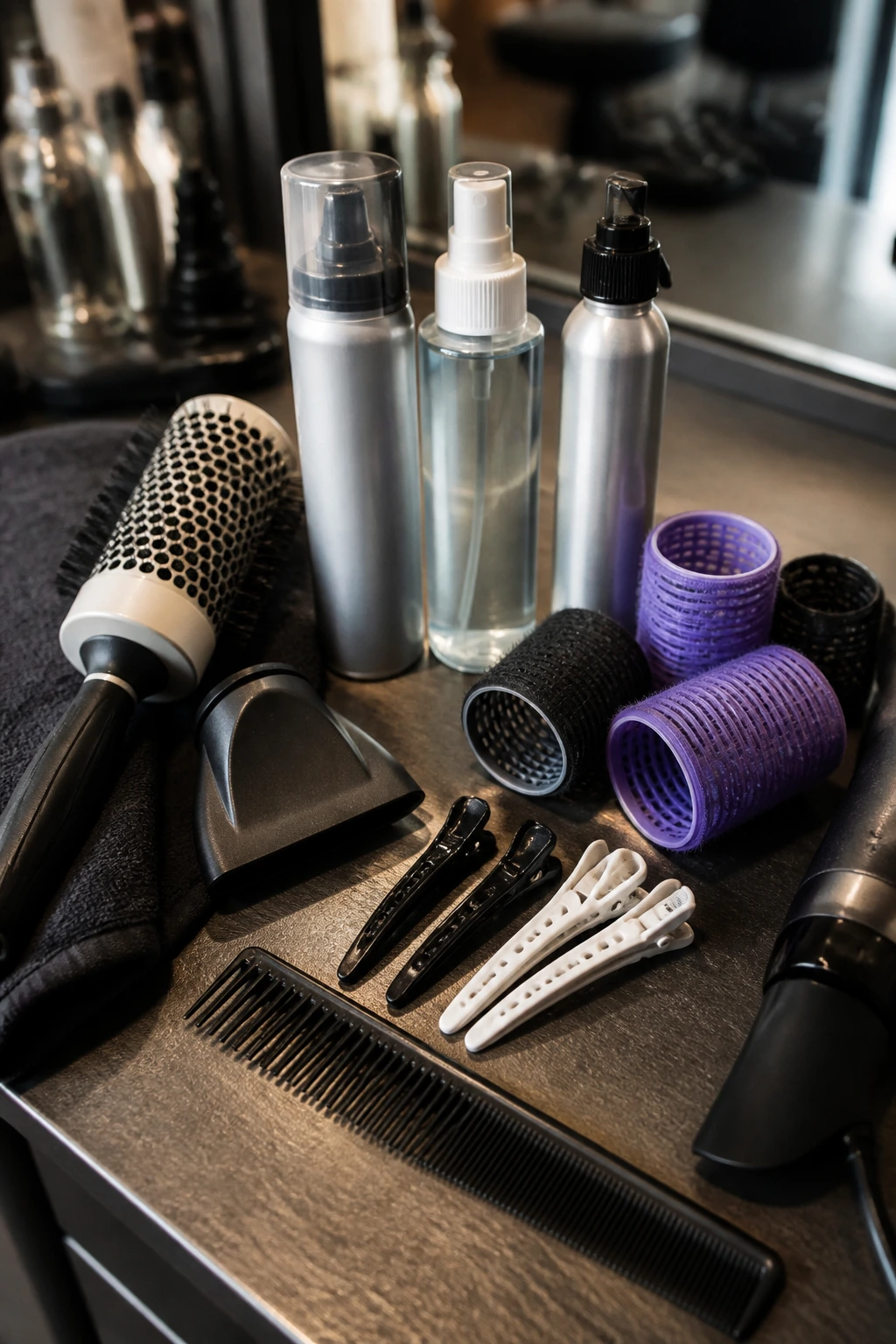 Overhead view of a tidy set of hair tools and products on a salon counter