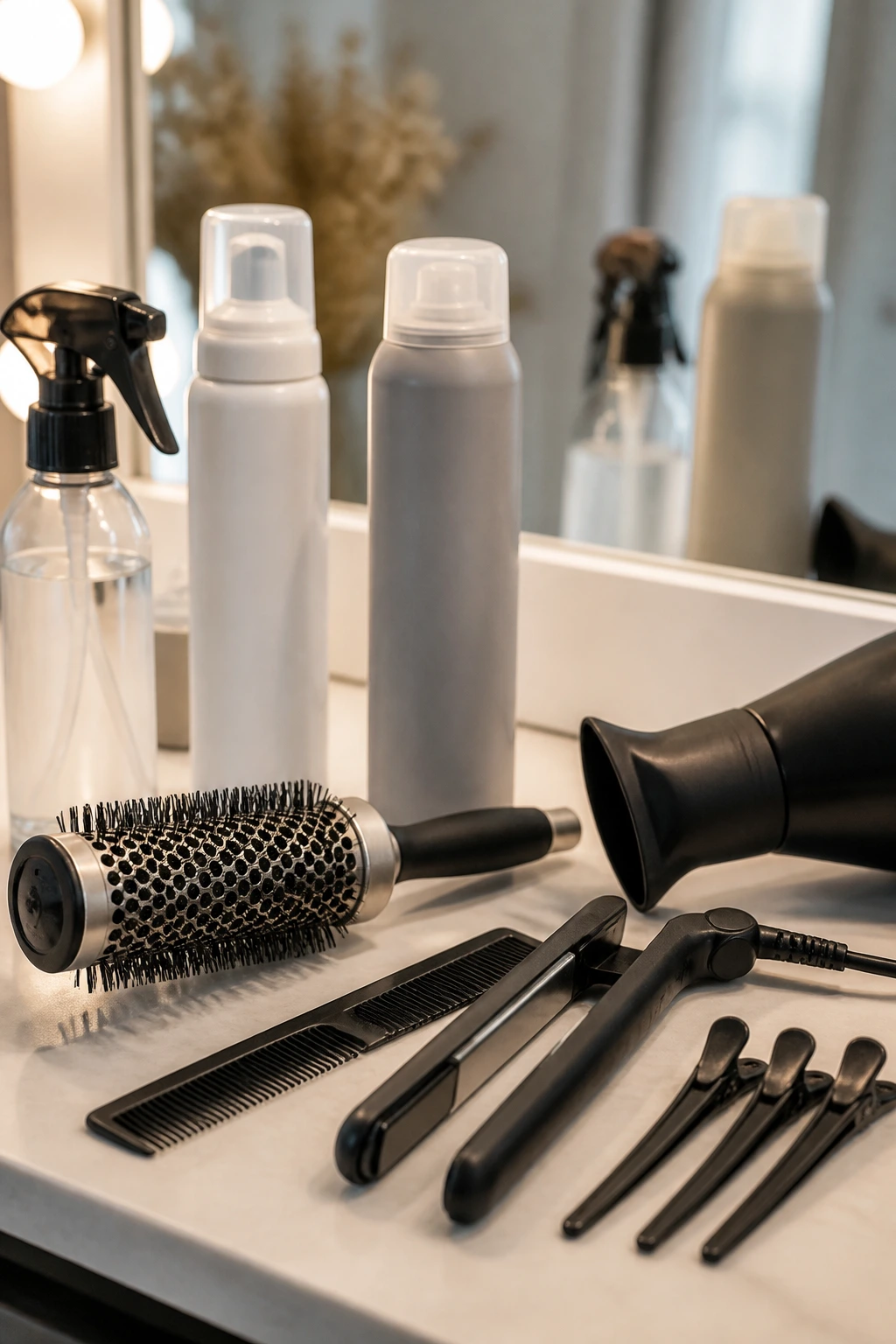 Still life of essential hair tools and products for bangs and loose curls