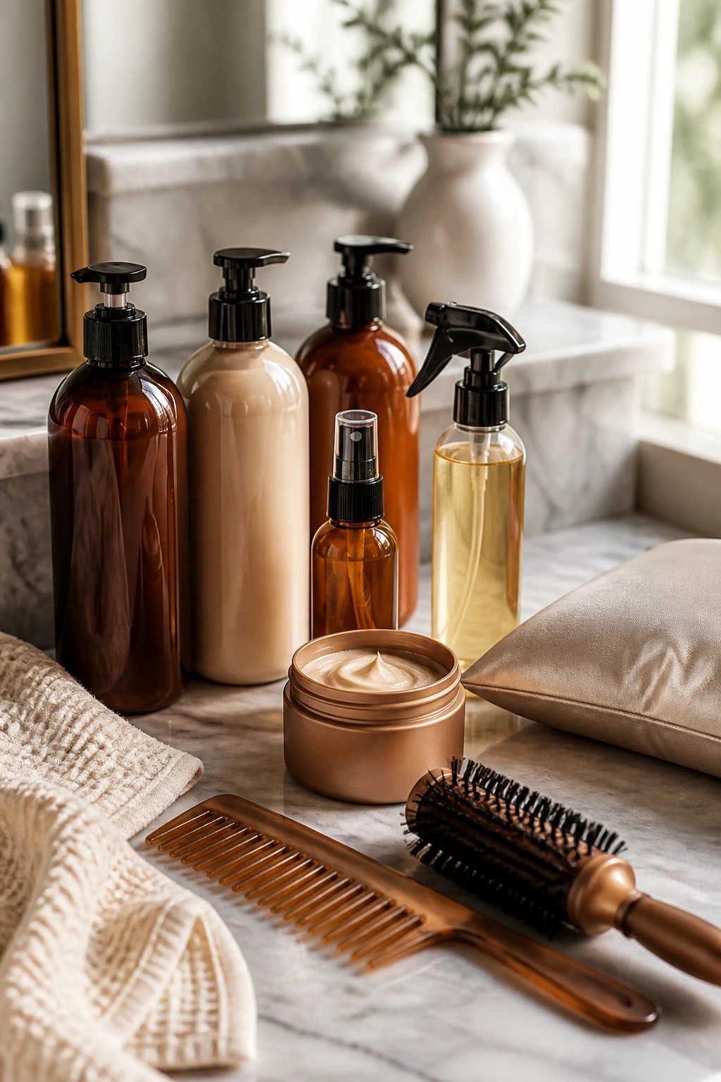 Close-up of hair care tools and warm-toned bottles on a bathroom counter