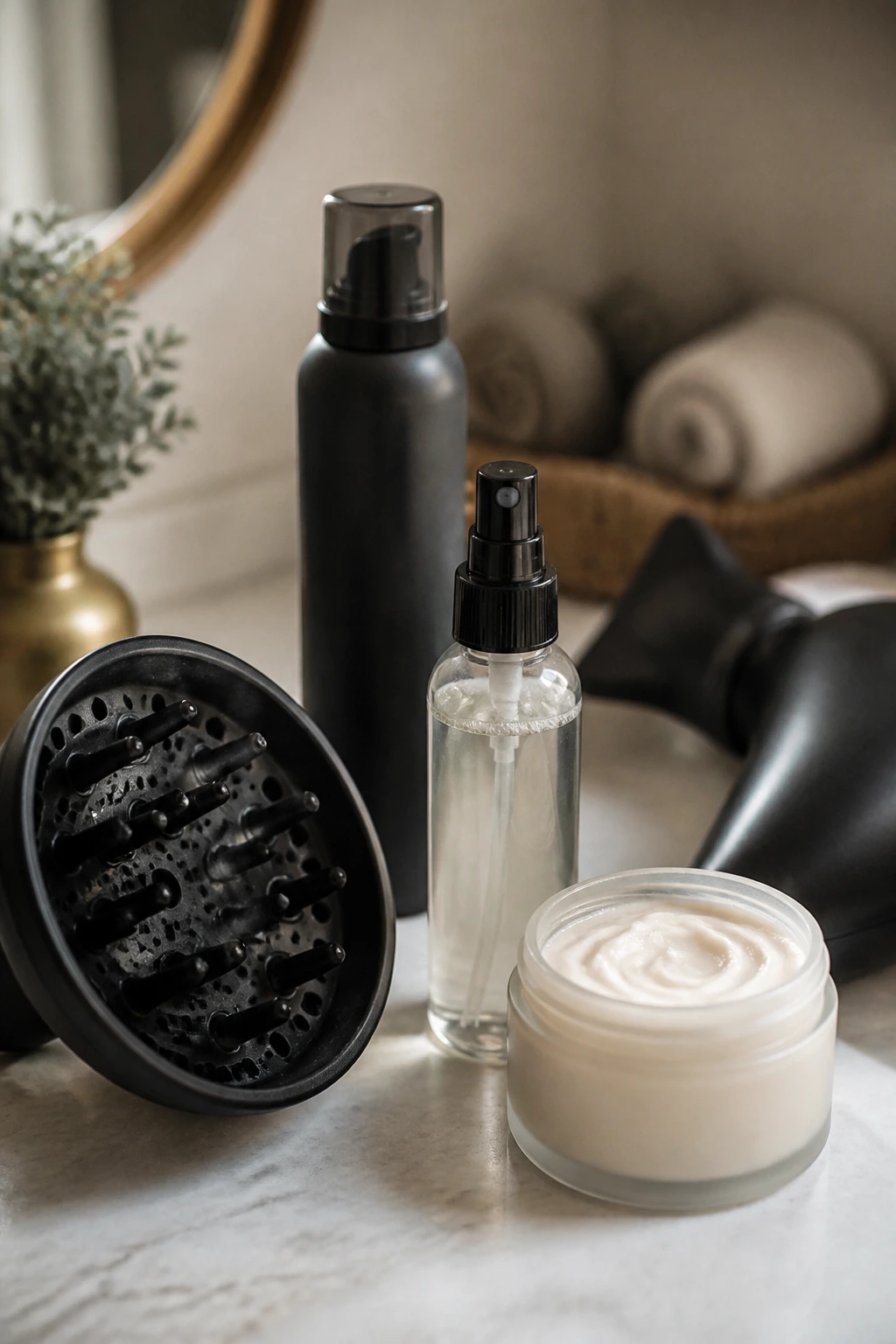 Close-up of unlabeled hair tools and products for wavy bob