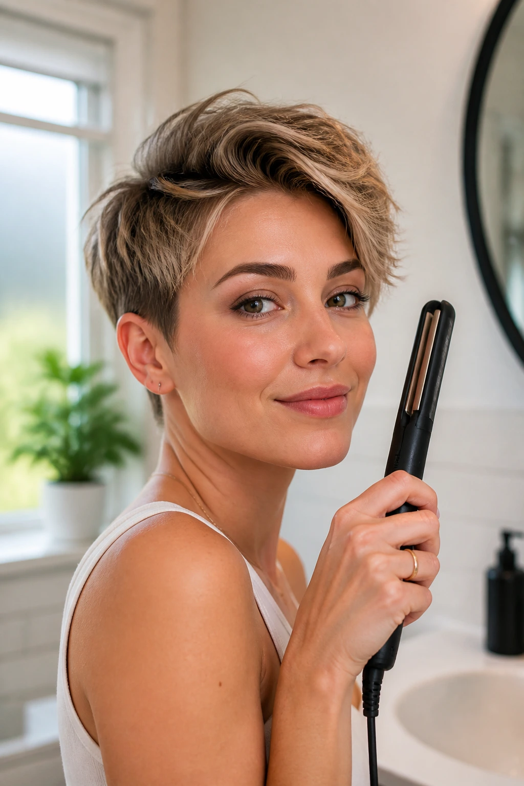 Portrait of a real person with short hair using a hair tool for quick styling