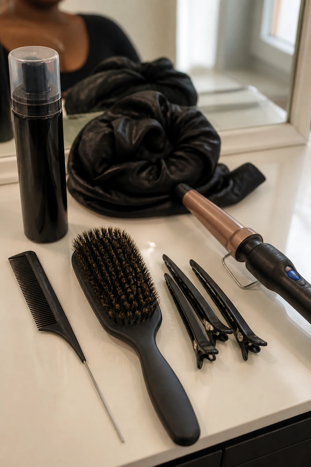 Close-up of essential hair-styling tools on a vanity