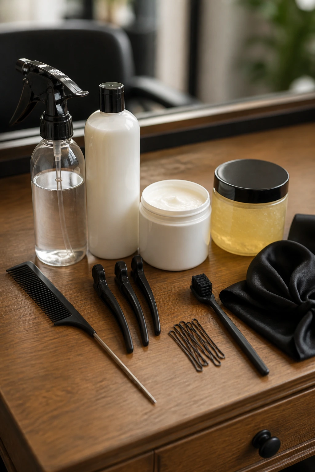 Close-up still-life of essential hair tools for clean parts and neat ends