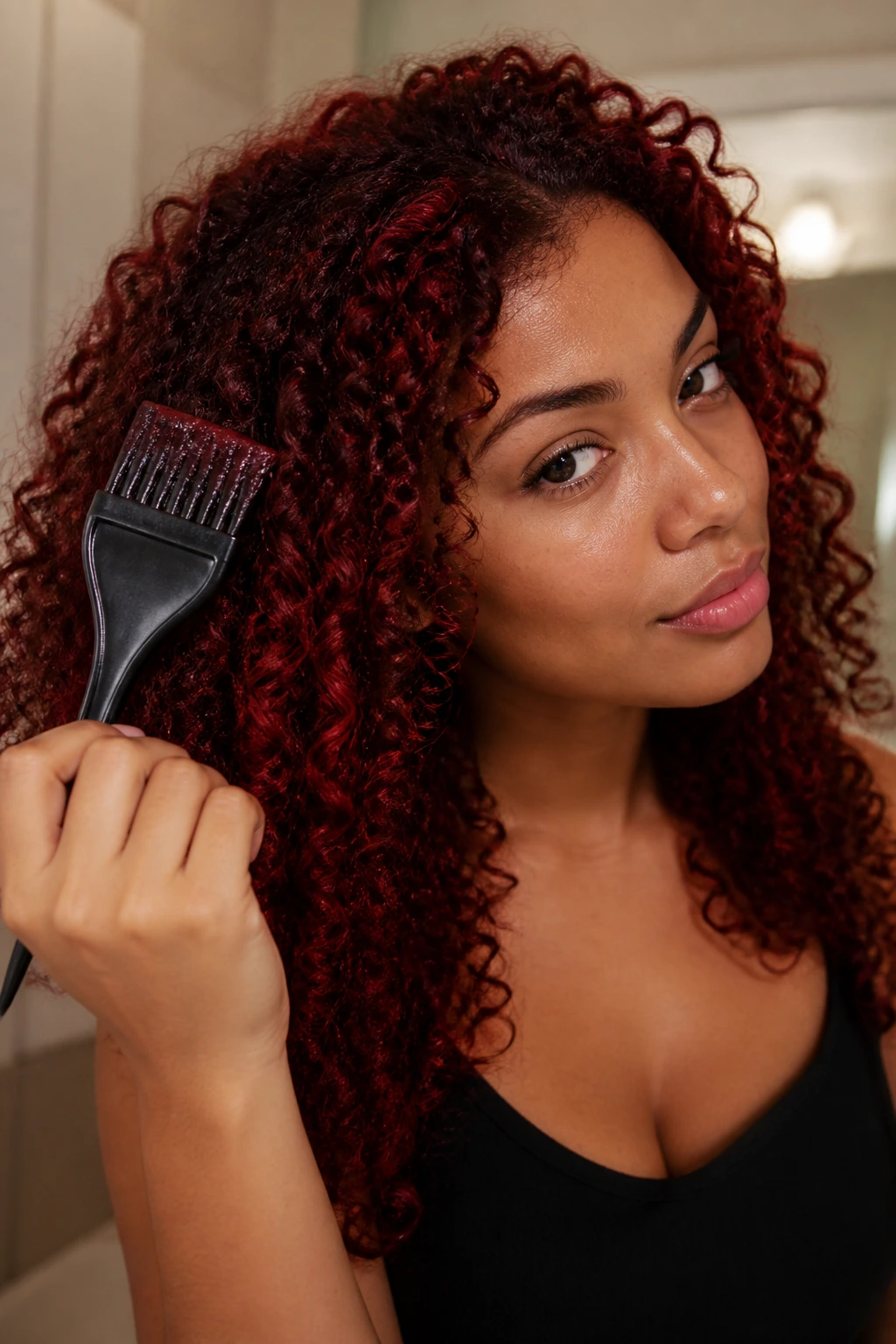 Close-up of a real person with red curls and a dye brush near hair