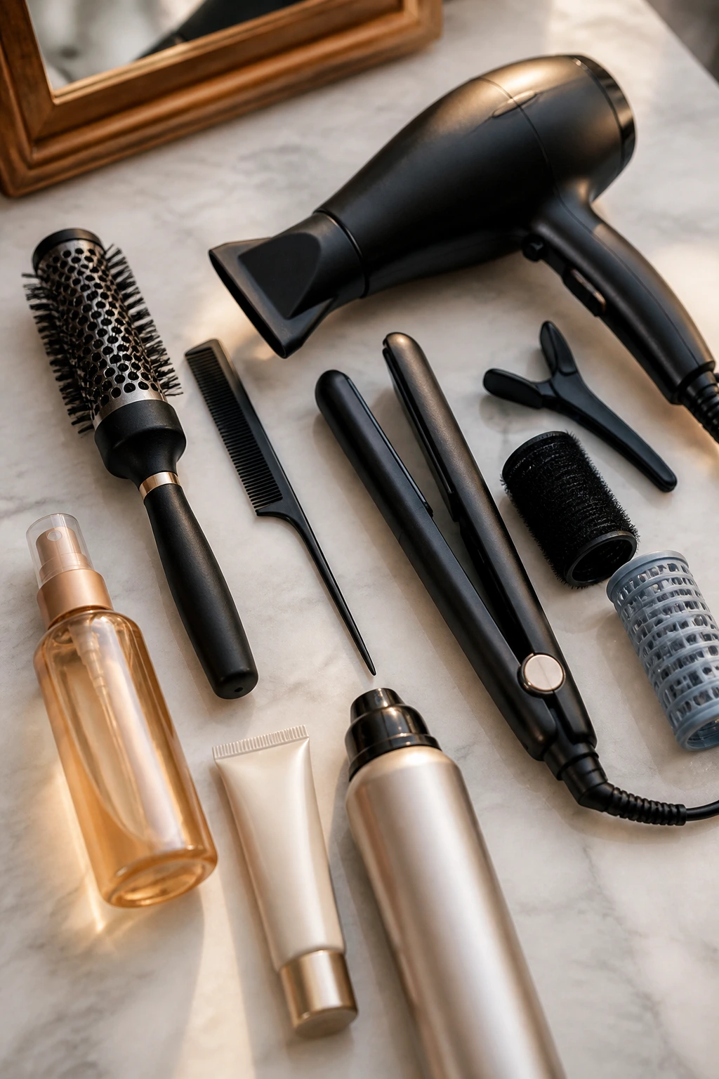 Close-up still life of essential hair tools neatly arranged on a vanity