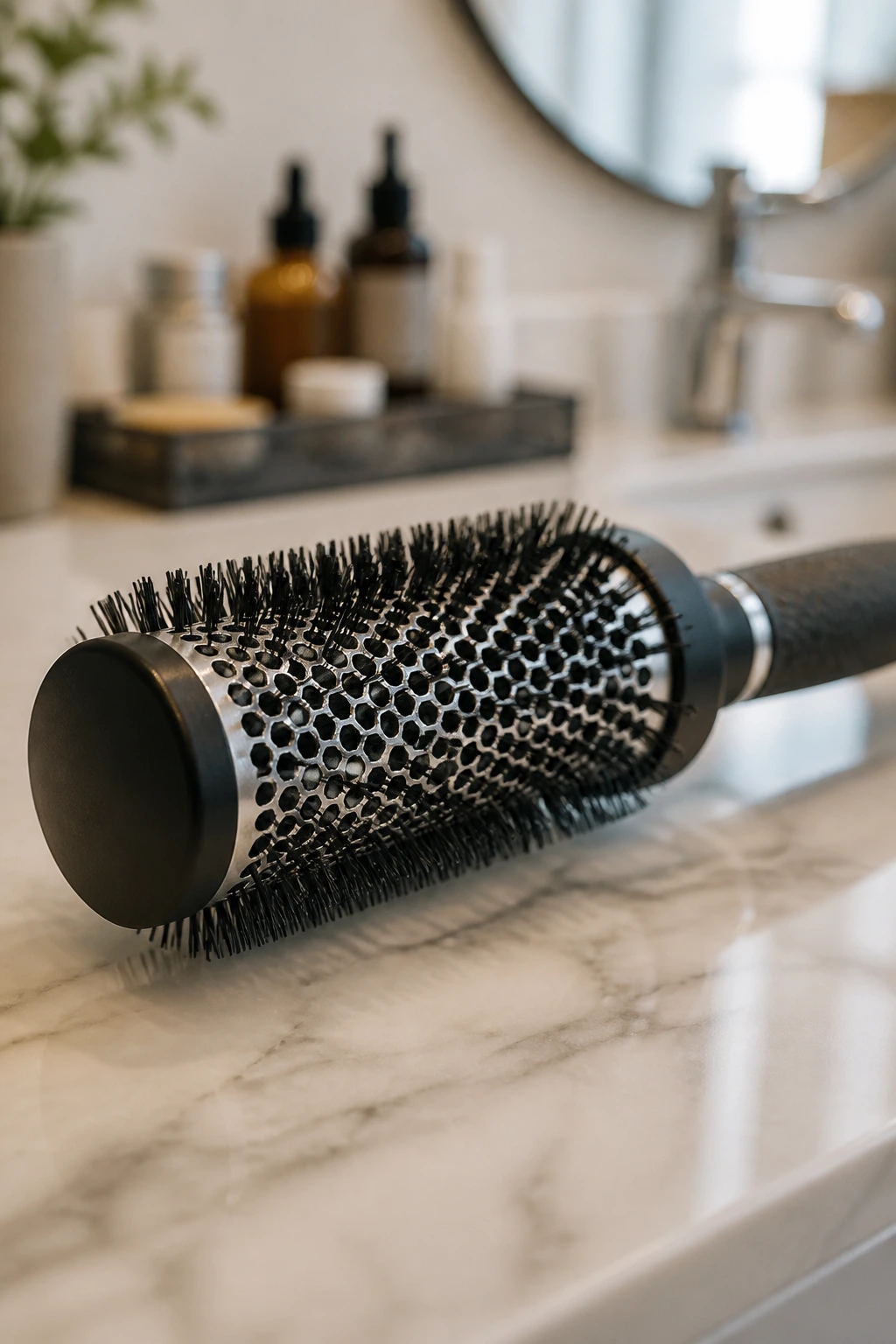 Close-up of a round brush for bangs on a bathroom counter