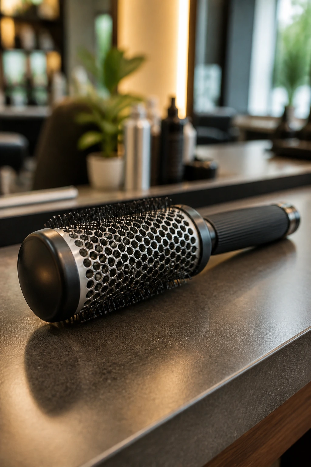 Close-up of a 1.5-inch round brush on a salon counter