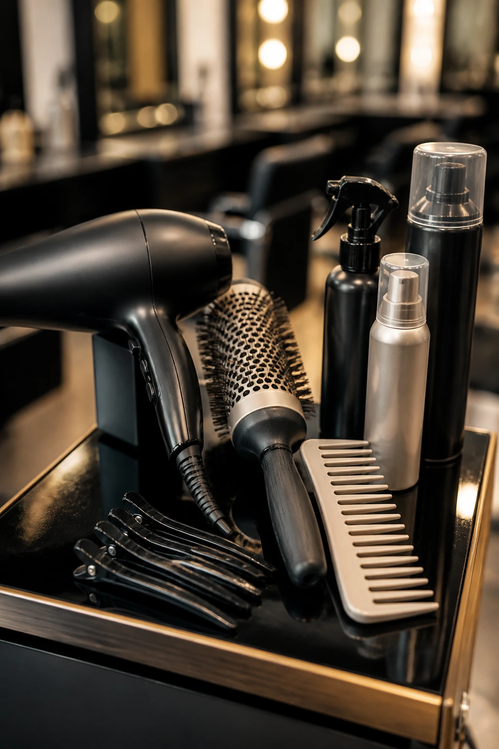 Close-up of essential hair tools on a salon station, including dryer nozzle, round brush, comb, clips, spray, mousse.