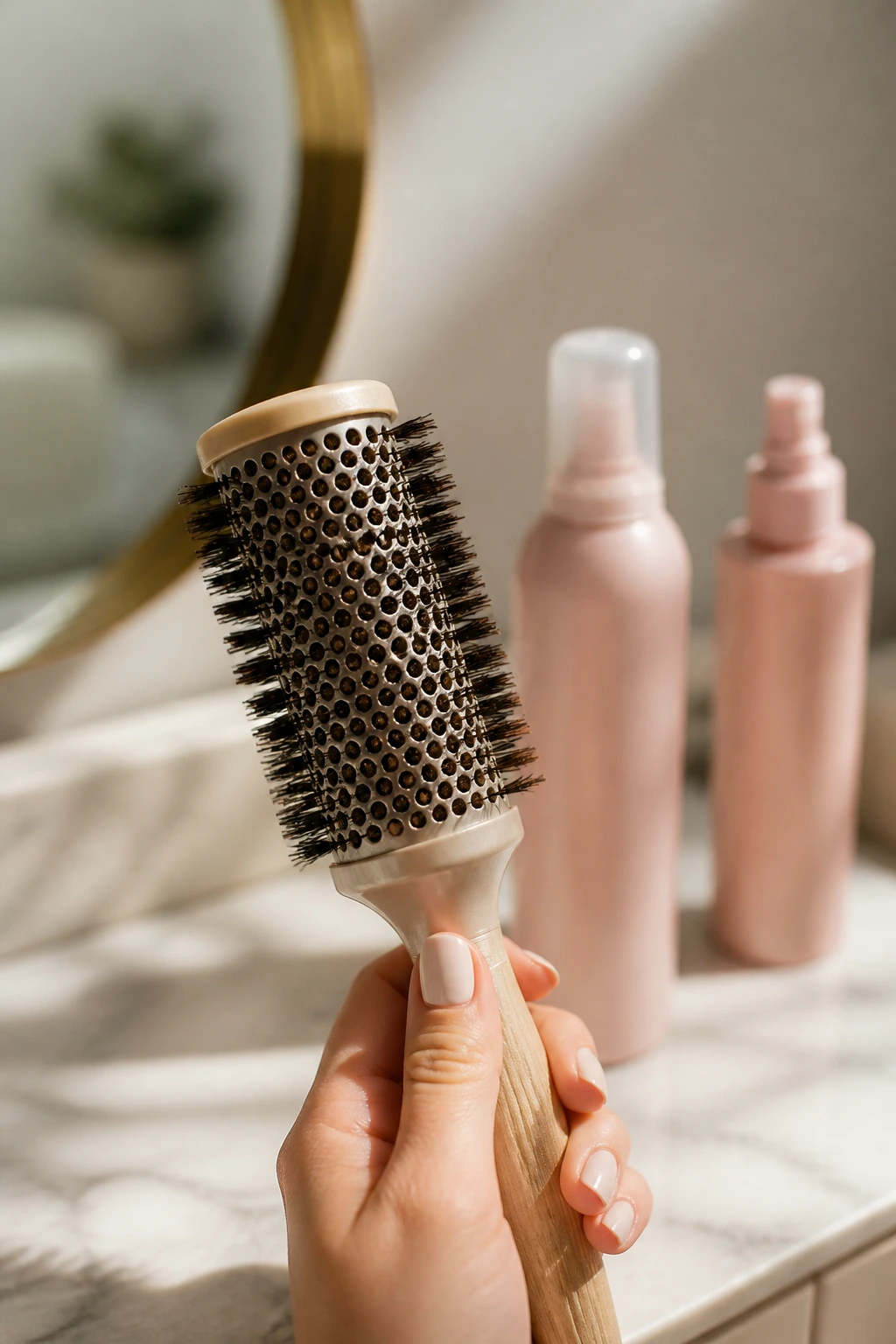 Close-up of hair styling tools including a round brush, mousse, and root-lift spray.