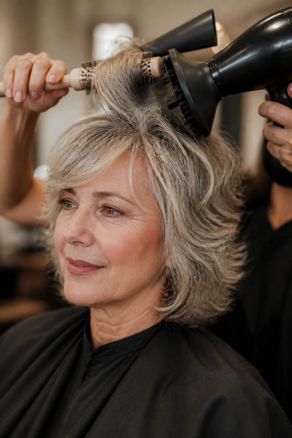 Hair being styled with a round brush and diffuser in a salon on a real person