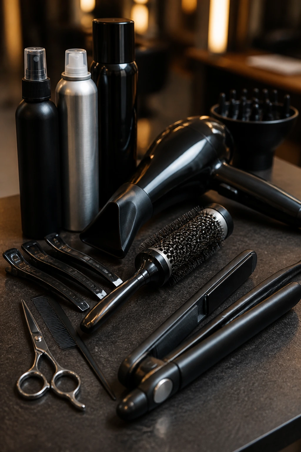 Close-up of professional hair tools arranged on a salon counter