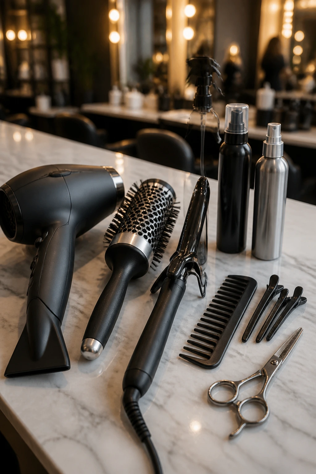 Close-up of professional hair-styling tools on a marble salon counter