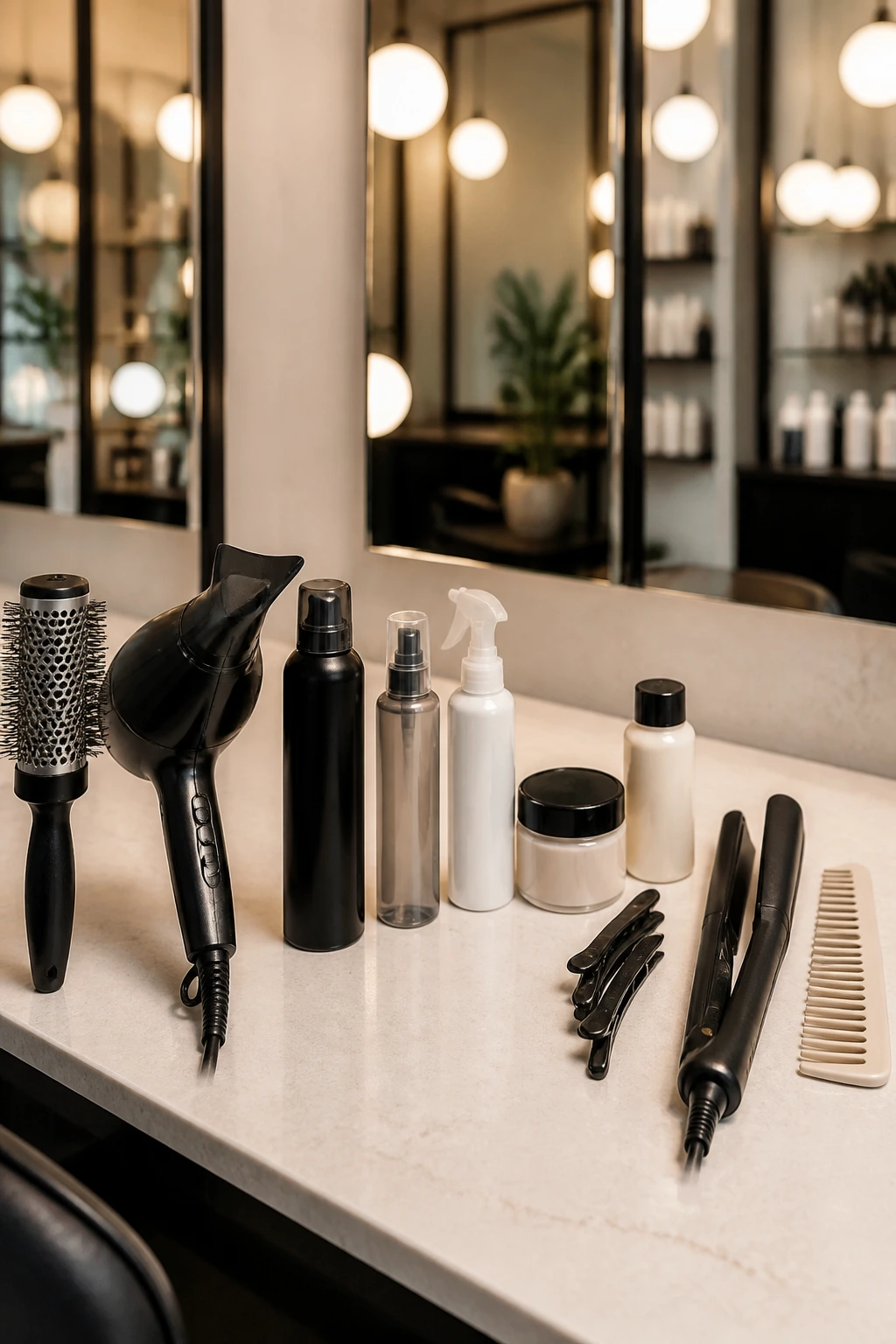 Close-up of professional hair styling tools on a salon counter, including brush, dryer, sprays, paste, clips, and comb.