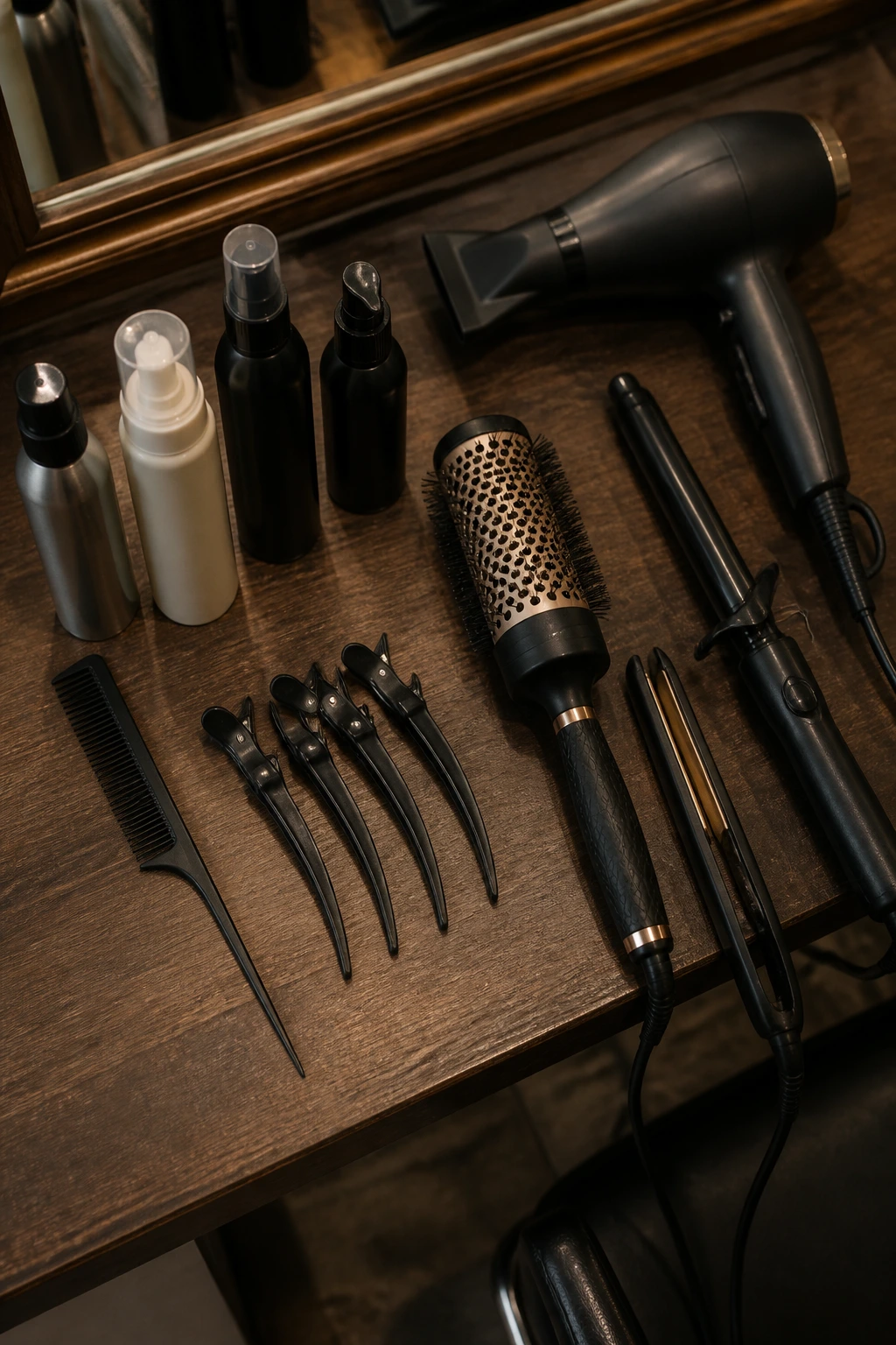 Close-up of essential hair-cutting and styling tools laid out on a salon station.