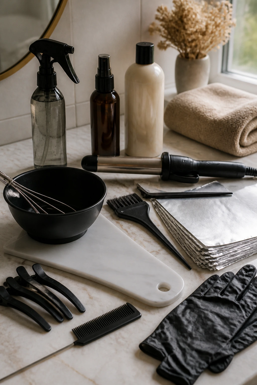 Still life of professional hair color tools on a bathroom counter