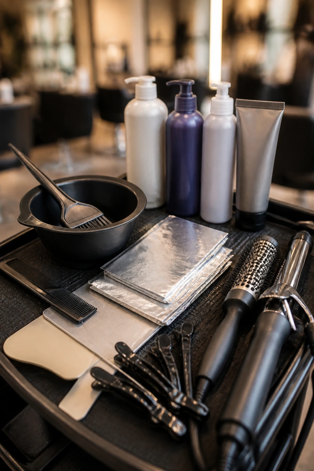 Salon workstation with essential hair color tools.