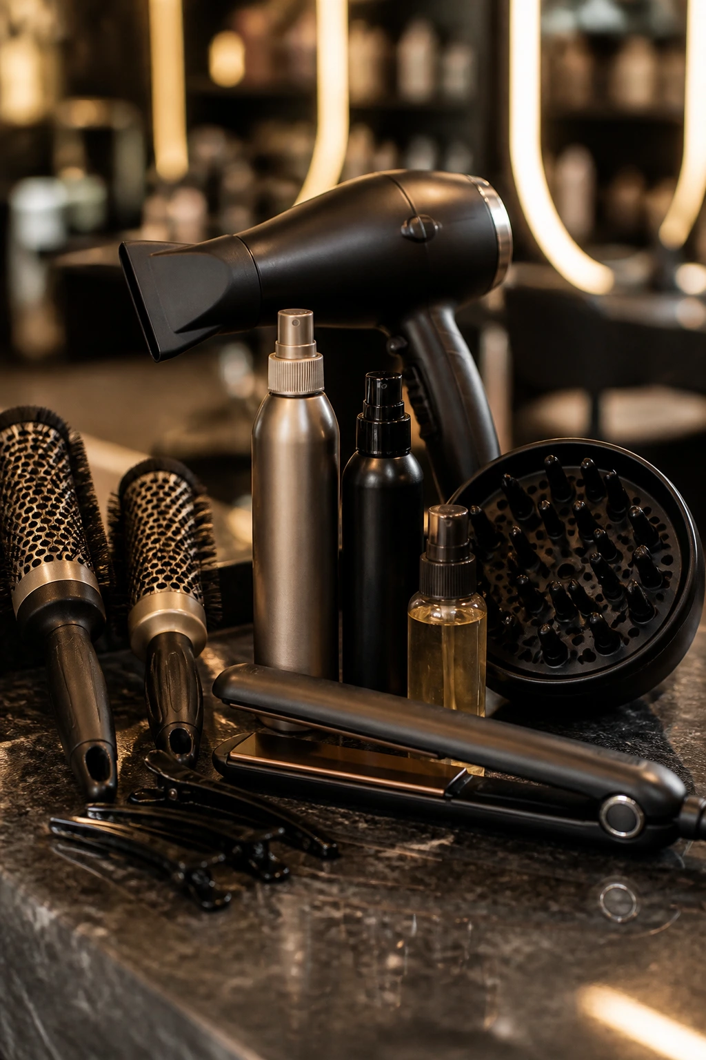 Close-up of hair tools on a salon counter including dryer, brushes, clips, and sprays