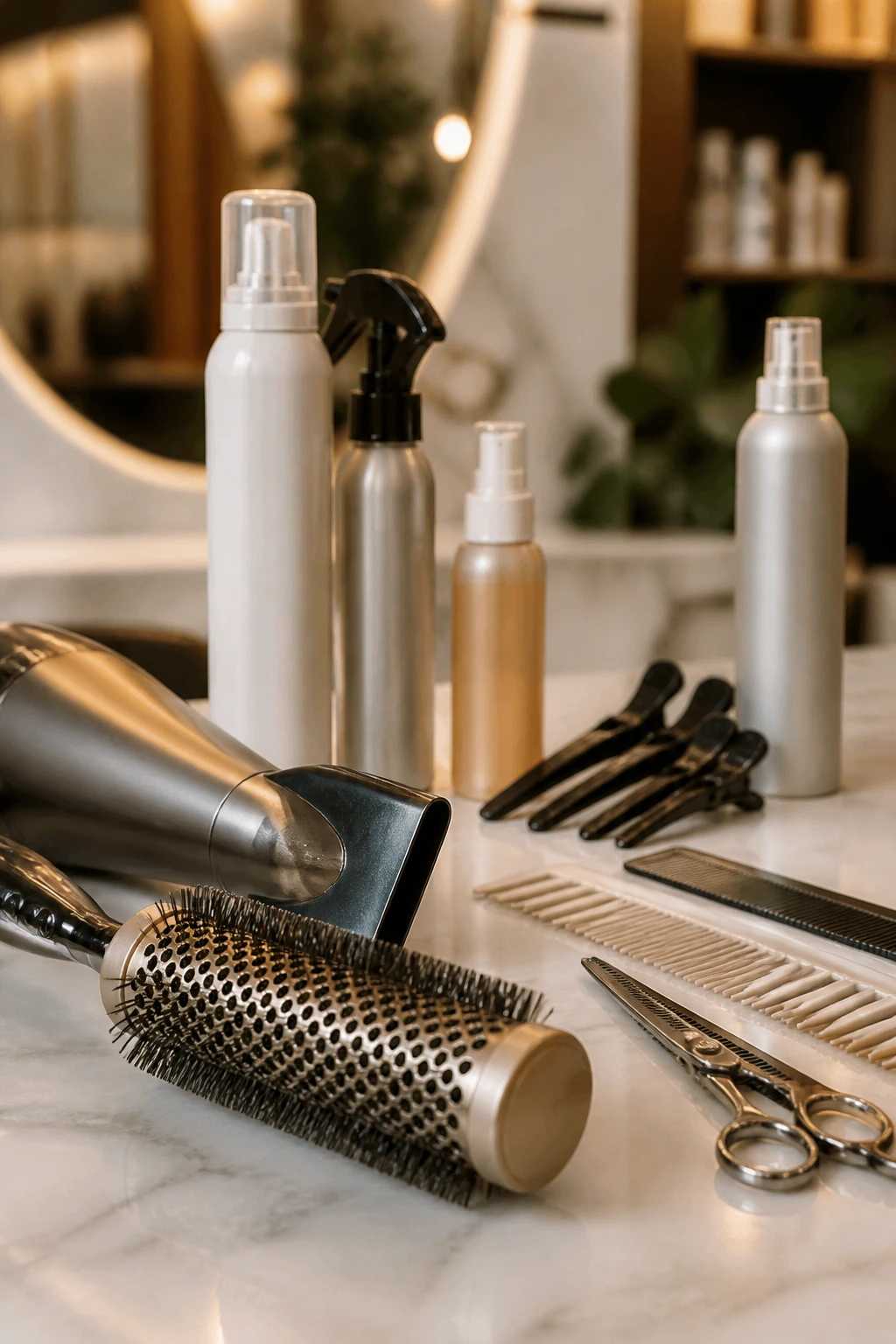 Close-up of essential haircutting tools arranged on a salon counter