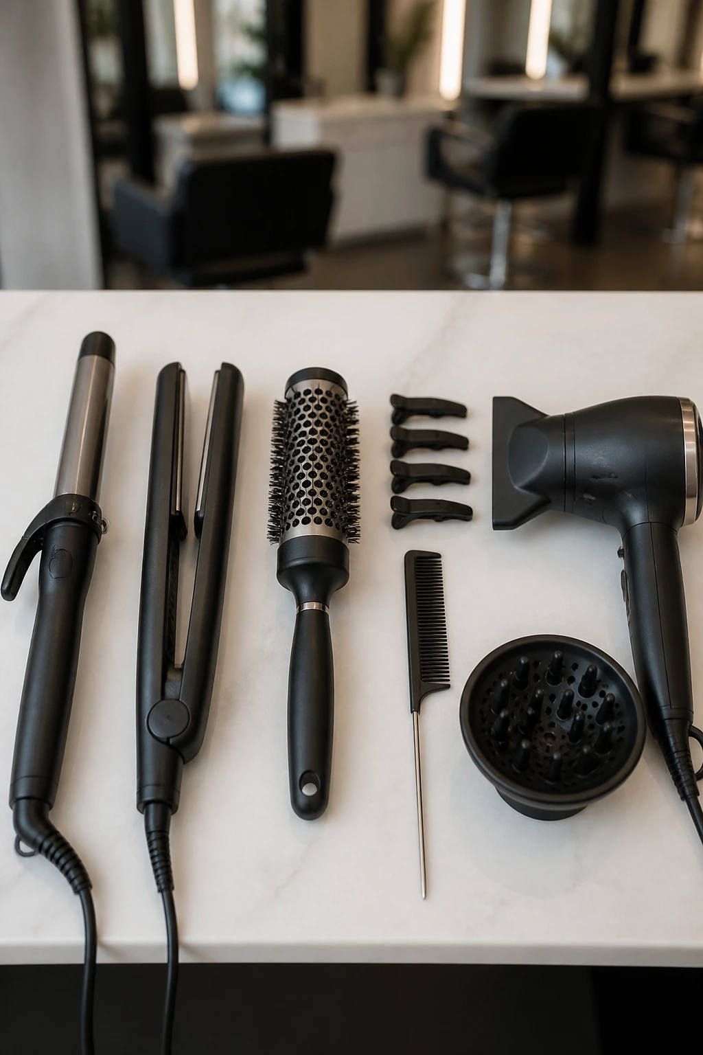 Top-down view of essential hair styling tools for ash-blonde looks.