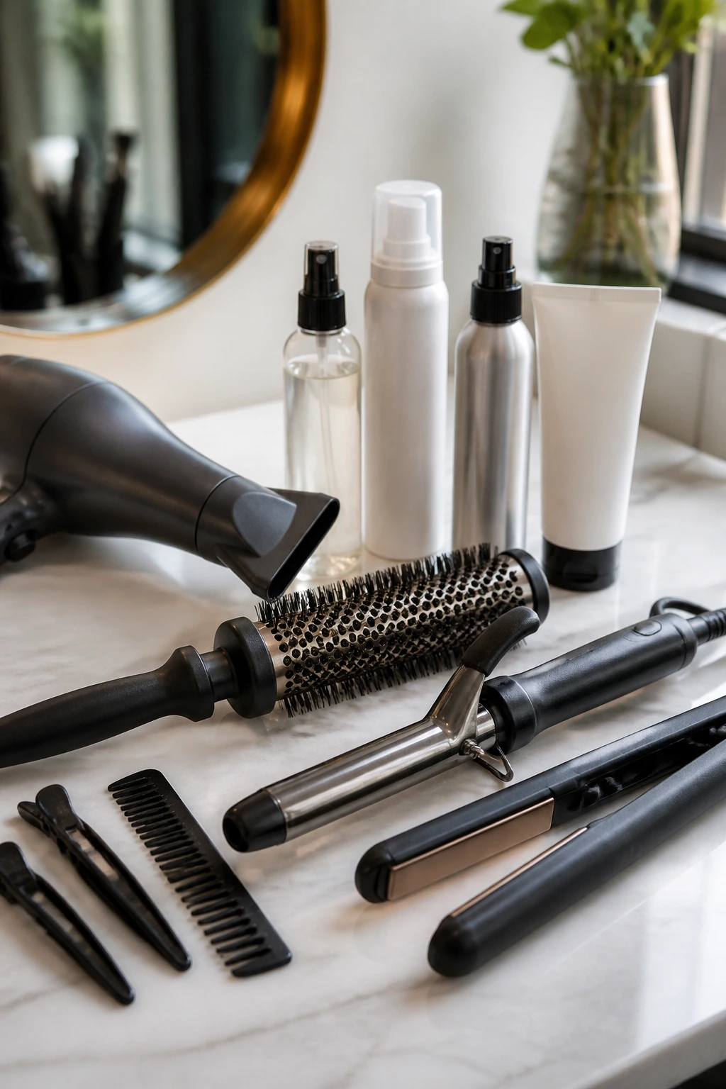 Close-up of hair tools on a vanity: dryer, brushes, irons, clips and sprays