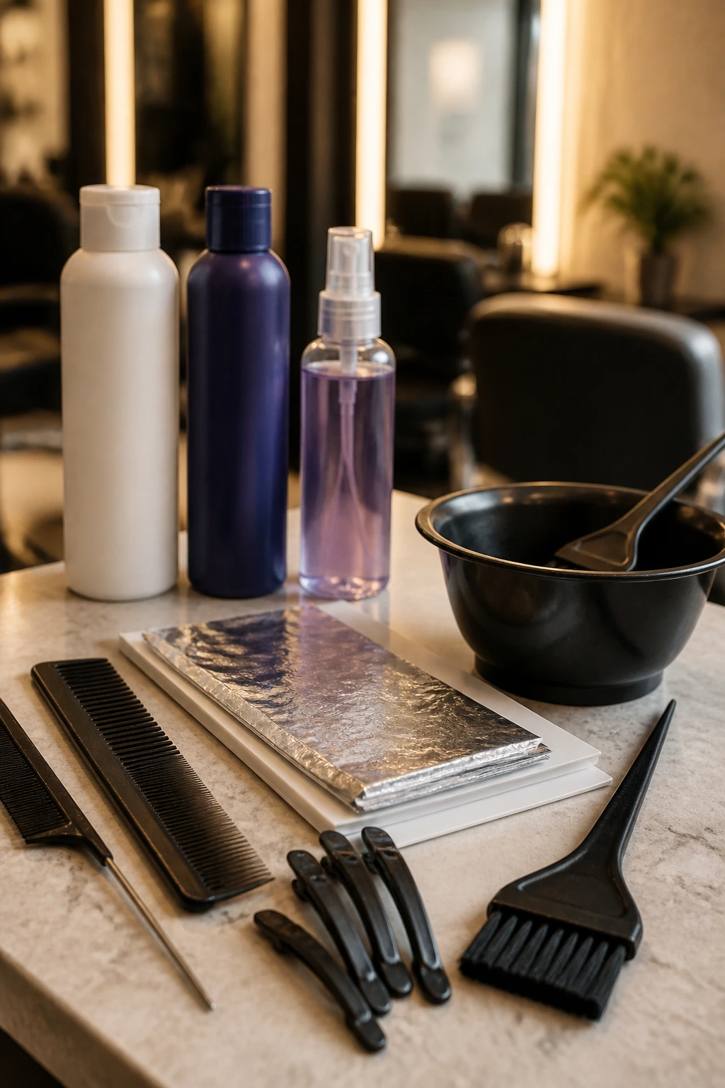 Close-up of professional hair tools arranged on a salon counter for subtle highlights